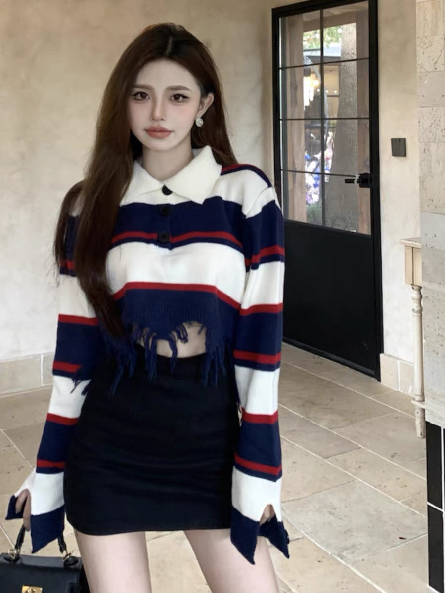 Retro contrast striped hole sweater autumn new outer wear women's polo collar design long-sleeved short sweater