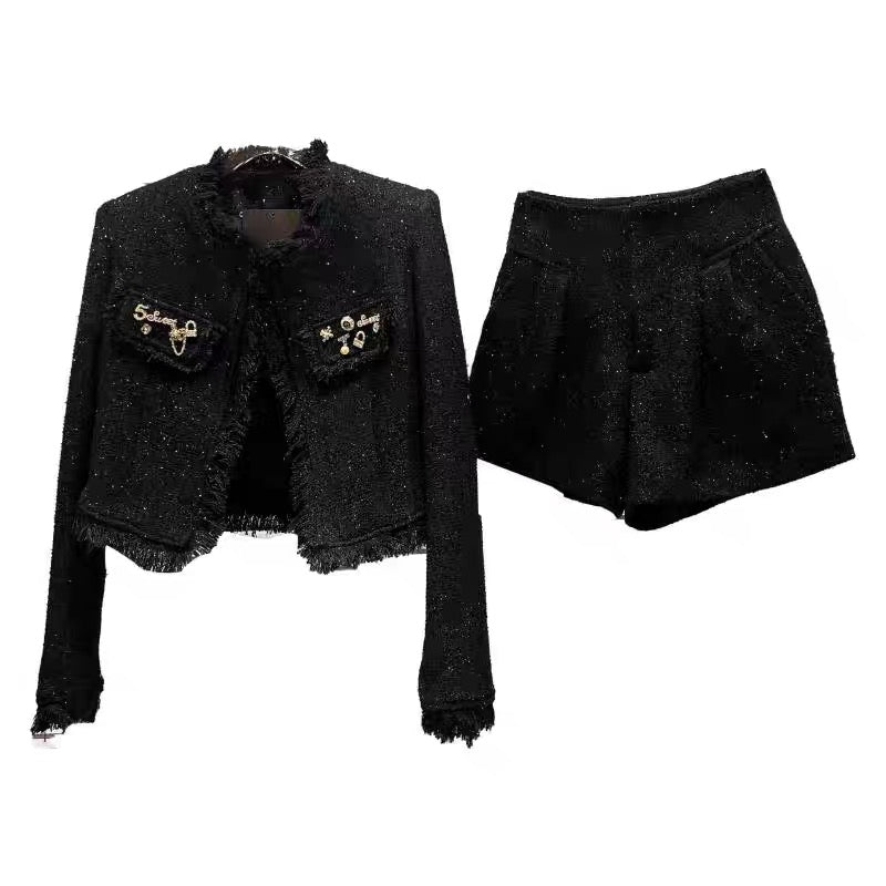 Internet celebrity's same style 2023 autumn new style small fragrant celebrity pin tweed fur edge jacket bright silk shorts suit