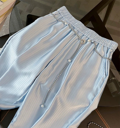 High-end fashion temperament short-sleeved casual sports suit for women summer 2023 new blue and white striped wide-leg pants two-piece set