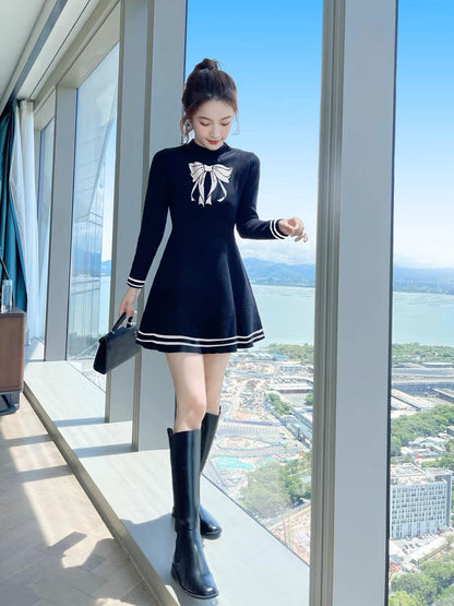 Autumn clothing 2023 new French black sweater skirt little black skirt autumn high-end knitted dress women autumn and winter T2352