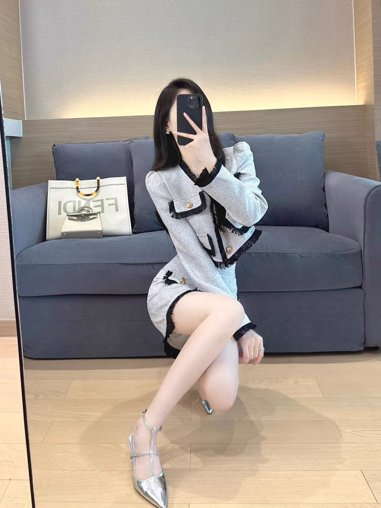 Xiaoxiangfeng Suit 2023 Autumn New High-end Small French Style Socialite A-Line Skirt Two-piece Set for Women (S4449)
