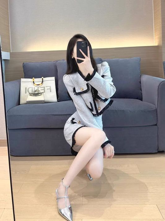 Xiaoxiangfeng Suit 2023 Autumn New High-end Small French Style Socialite A-Line Skirt Two-piece Set for Women (S4449)