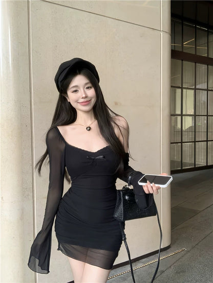 Pure lust hottie mesh splicing long-sleeved dress women's autumn sexy backless bow skirt hip-covering short skirt