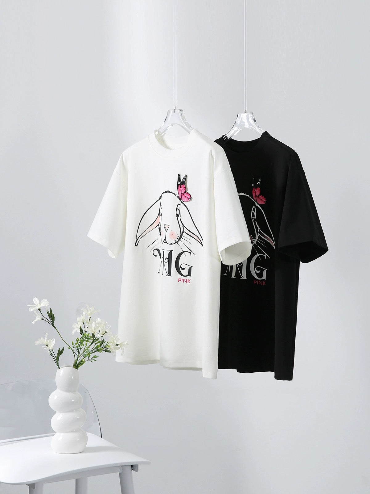 [TXB681185MG] Sweet and cool rabbit print T-shirt PINK butterfly embroidery ~ cotton elastic short sleeve versatile top