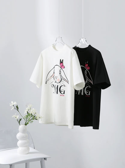 [TXB681185MG] Sweet and cool rabbit print T-shirt PINK butterfly embroidery ~ cotton elastic short sleeve versatile top
