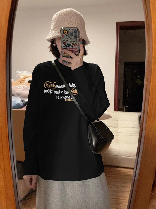 100% cotton American retro Hong Kong style chic straight shoulder long-sleeved T-shirt women's loose lazy niche design top