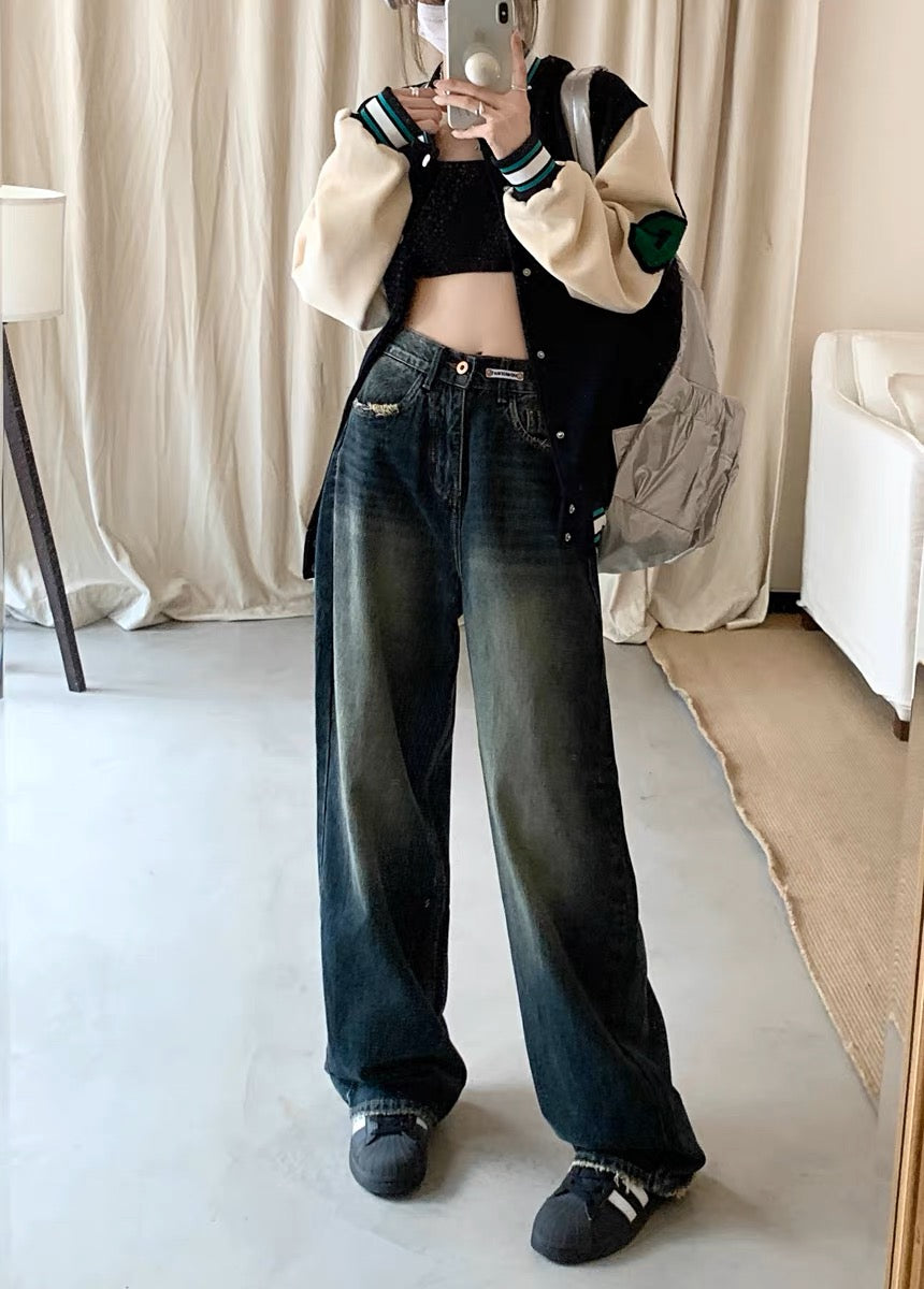 PPHOME cool sister dragging sister ~ small floor mopping jeans women's autumn straight pants high waist loose wide leg trousers