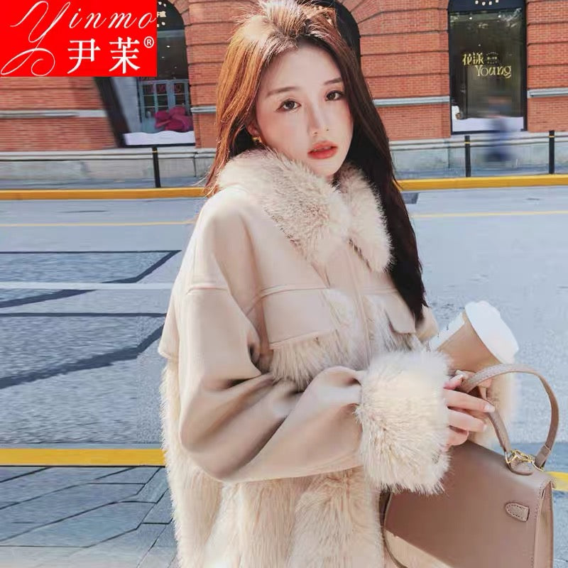 Plush spliced woolen coat for women 2022 winter new Korean style gentle style niche thickened woolen coat trend