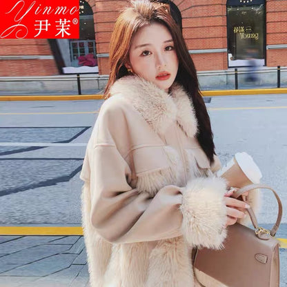Plush spliced woolen coat for women 2022 winter new Korean style gentle style niche thickened woolen coat trend