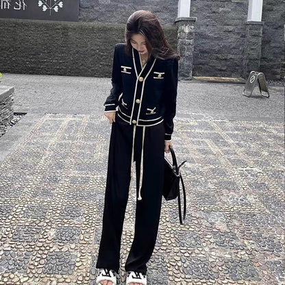 Early spring 2023 new high-end Hong Kong style retro chic Korean style knitted wide-leg pants two-piece suit for women in autumn and winter