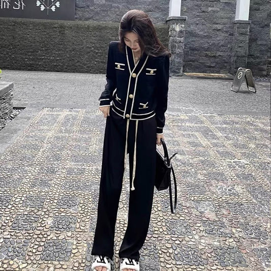 Early spring 2023 new high-end Hong Kong style retro chic Korean style knitted wide-leg pants two-piece suit for women in autumn and winter