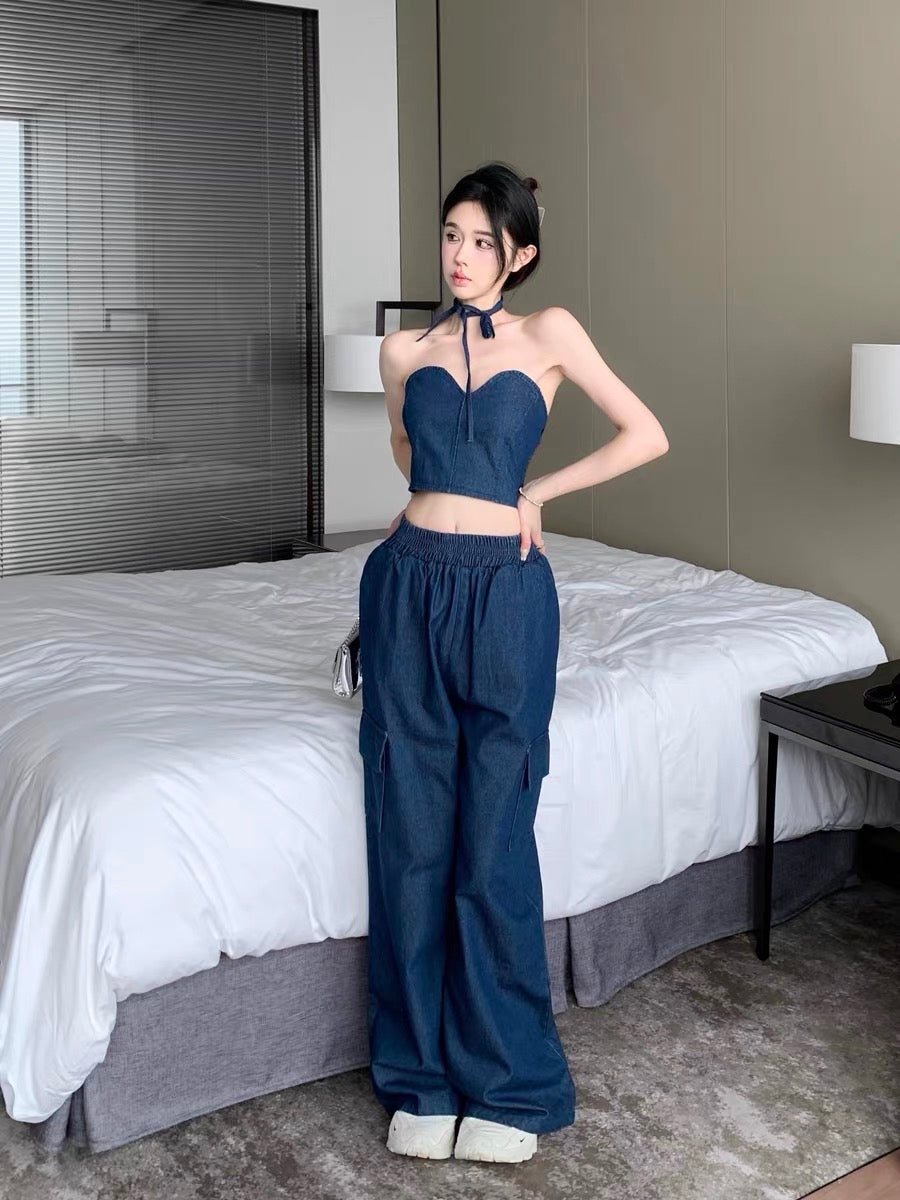 Fried street suit female summer pure desire hot girl tube top suspender top + tooling casual wide-leg pants handsome two-piece set