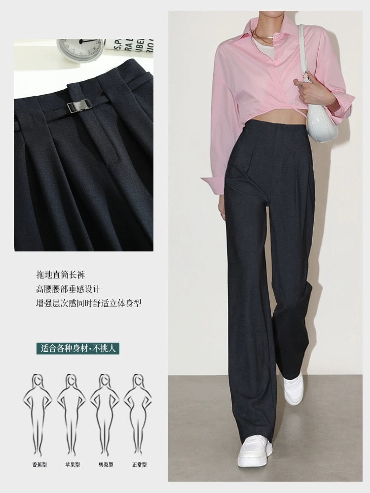 High-end narrow version wide-leg pants for women in spring, autumn and summer, high waist design, drape and slim straight-tube casual mopping wool suit