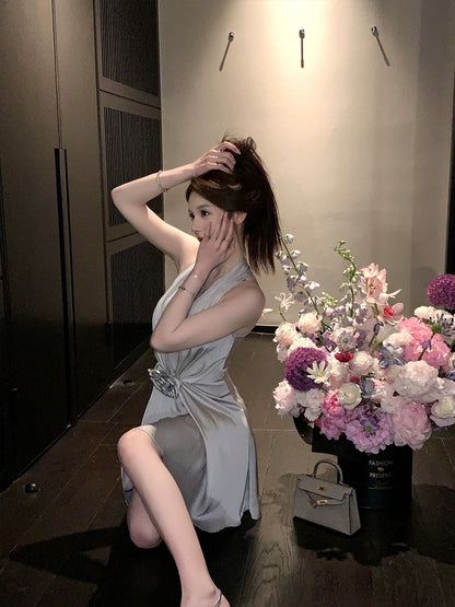 FairyJiang 2024 new style temperament V-neck sleeveless halter neck satin dress short pleated waist skirt