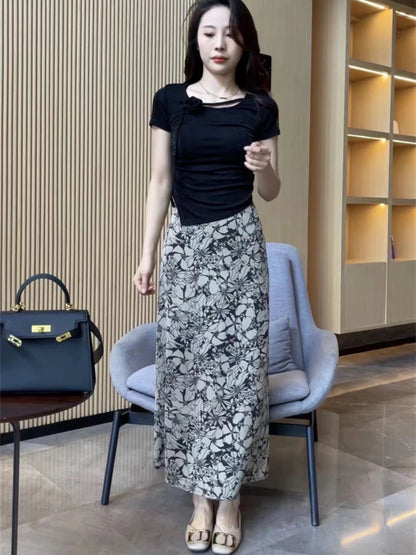 French retro fashion casual floral skirt female 2024 new summer high waist cover cross slim print a-line skirt