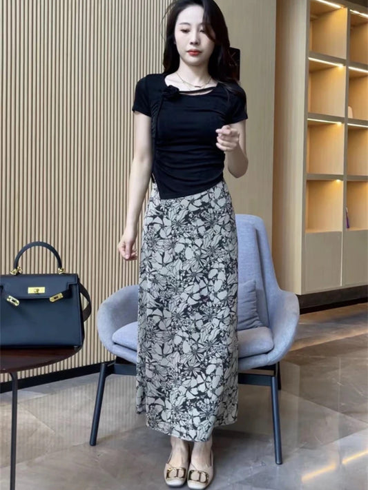 French retro fashion casual floral skirt female 2024 new summer high waist cover cross slim print a-line skirt