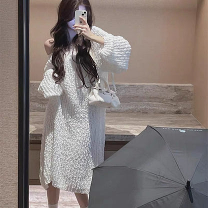 Casual, lazy style hooded long-sleeved sweater dress, autumn and winter Korean style loose A-line skirt, fashionable and versatile dress for women
