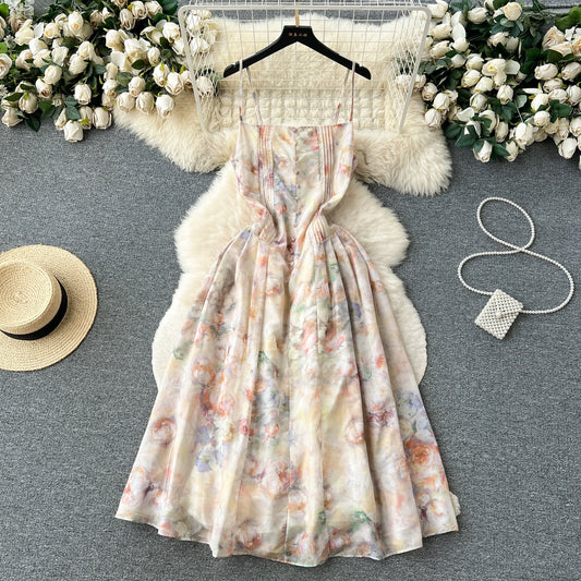 French floral chiffon suspender dress for women summer new high-waist slimming temperament super fairy style holiday long skirt