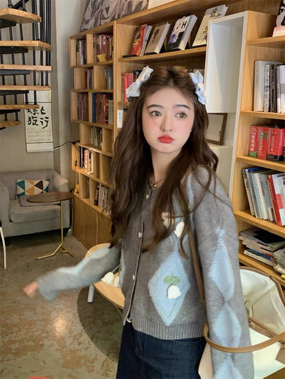 Sweet rhombus three-dimensional flower sweater jacket for women autumn 2023 new Korean style thickened loose short top trendy 🔎A2231