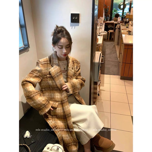 MLS retro plaid woolen coat women's 2023 winter design sense niche unique chic top warm jacket