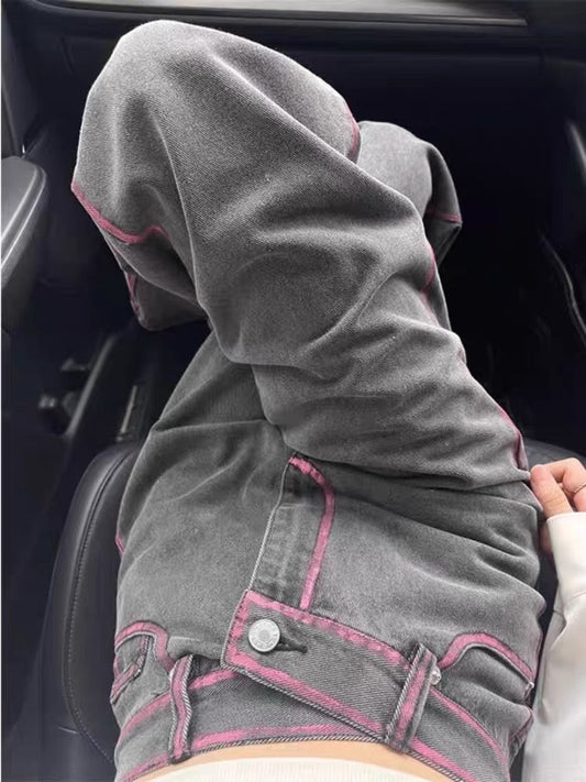 Fashionable design sense contrast color oblique buckle straight jeans for men and women spring and autumn temperament all-match loose wide-leg mopping pants