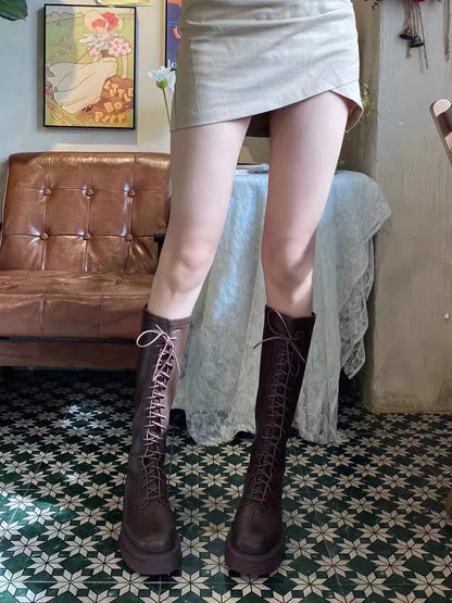 Big long legs ~ Ju Xian thin!  Brown lace-up round toe thick-soled boots soft leather all-match elastic high boots women