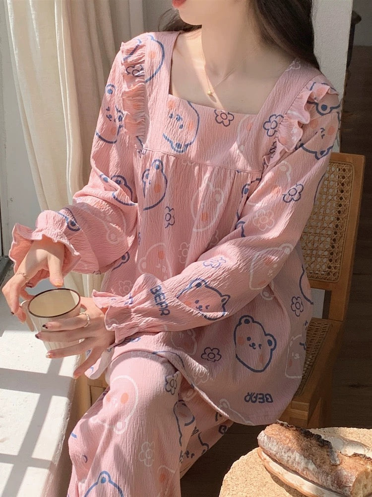 "Wrinkled cotton" pajamas for women, spring and autumn long-sleeved 2023 new bean paste pink bear home wear set