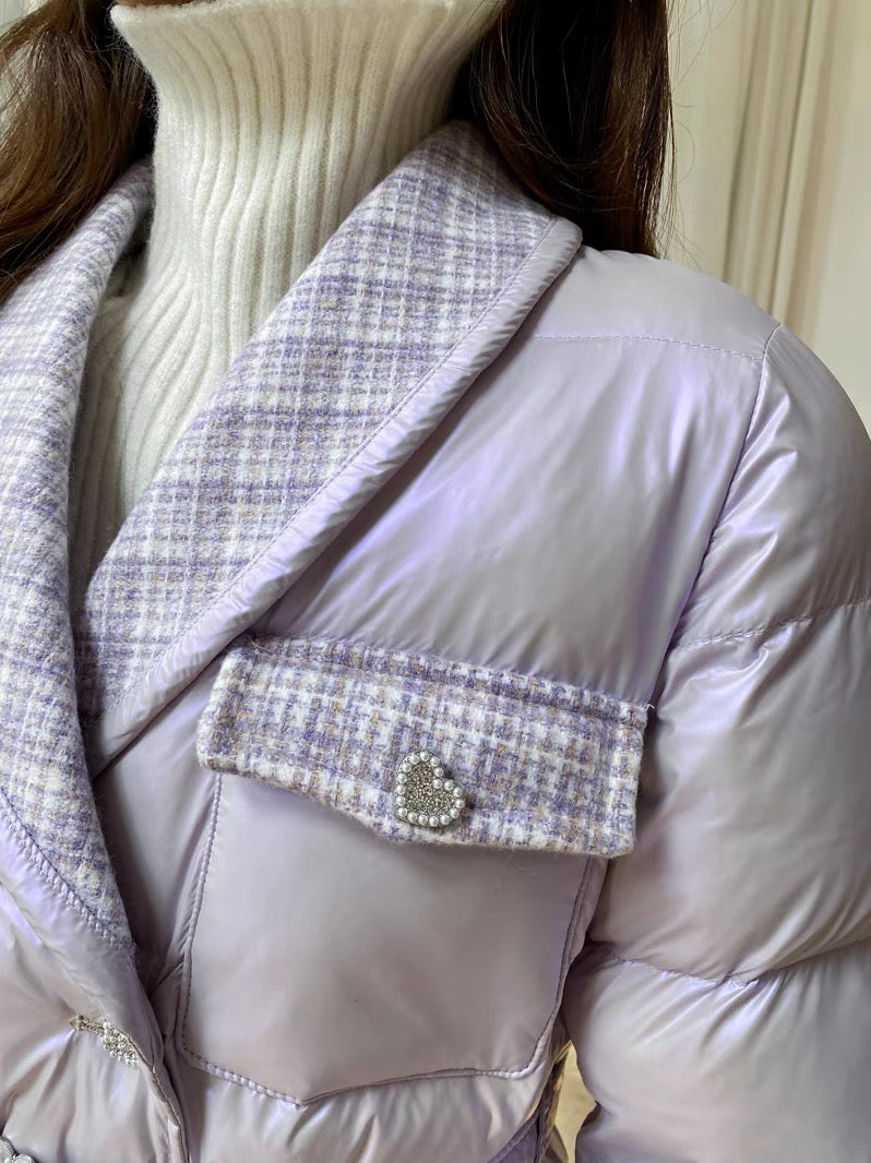 Nori gentle style French retro small fragrance style down cotton coat for women winter French plaid splicing mid-length cotton coat