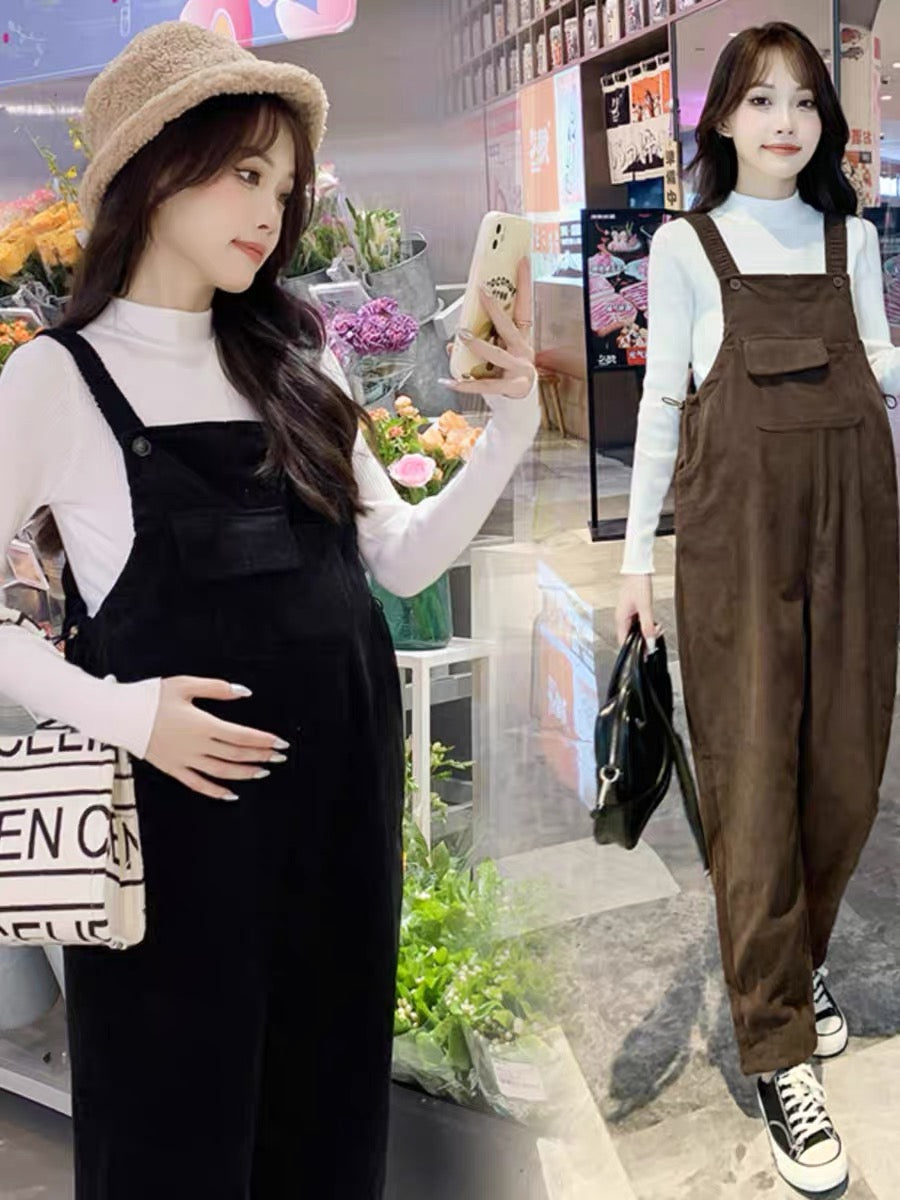 Maternity autumn clothing set, fashionable casual warm bottoming shirt, corduroy overalls, small person autumn and winter clothing two-piece set