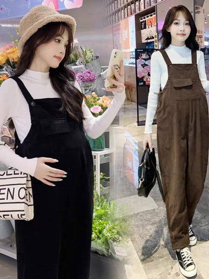 Maternity autumn clothing set, fashionable casual warm bottoming shirt, corduroy overalls, small person autumn and winter clothing two-piece set