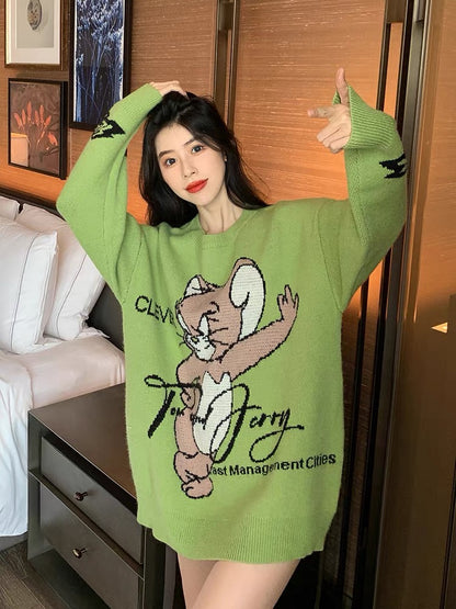 Mustard green soft waxy cartoon sweater for women loose Korean style autumn and winter top outer wear versatile soft waxy sweater mid-length T2377