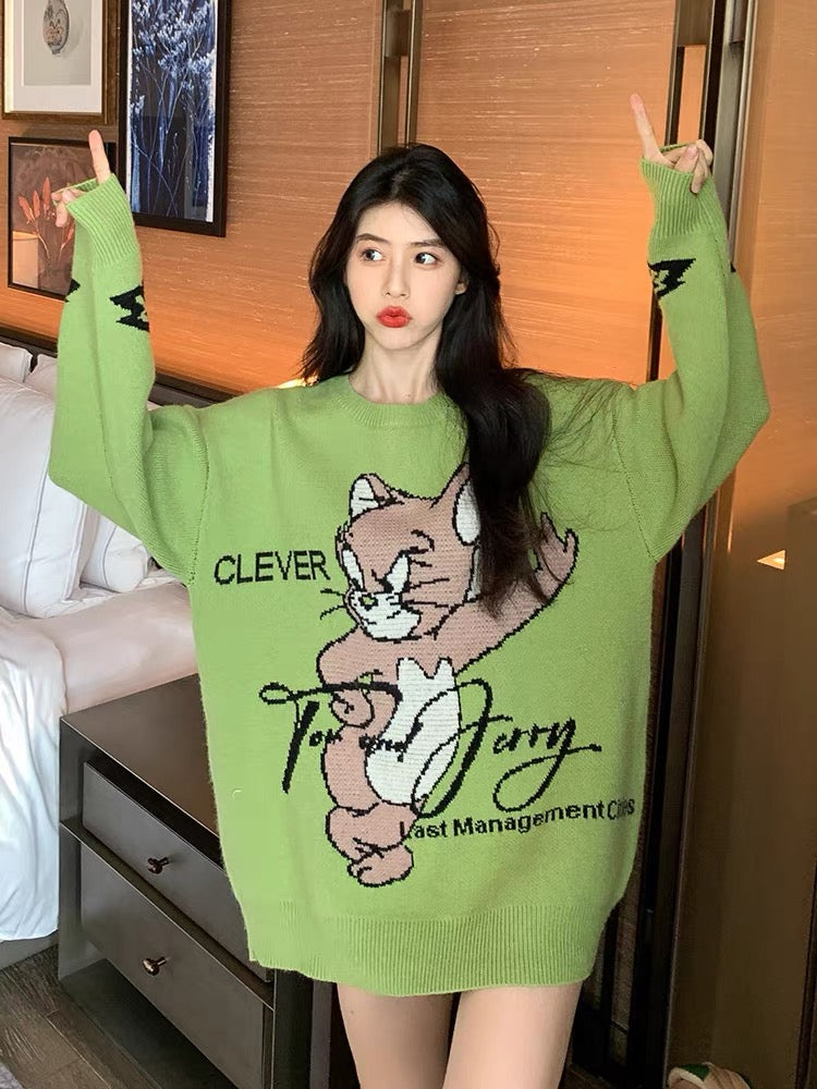 Mustard green soft waxy cartoon sweater for women loose Korean style autumn and winter top outer wear versatile soft waxy sweater mid-length T2377