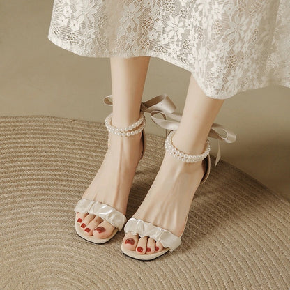 French pearl sandals for women summer low heels 2024 new Roman fairy style with skirt design niche high heels