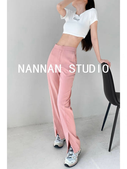 Nostalgic classic casual high-end pink suit pants for women summer thin straight pants loose slit floor-length trousers