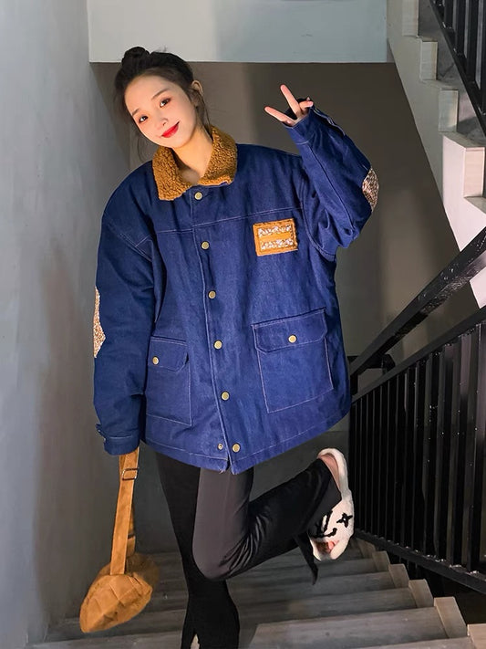 High-end ifashion American lamb wool denim jacket for women with velvet and thickened winter oversize cotton jacket A3340