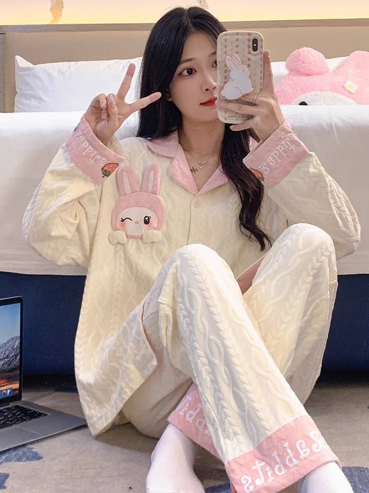 Pajamas women summer cardigan long-sleeved trousers suit summer ladies 2024 new cartoon spring autumn winter home clothes