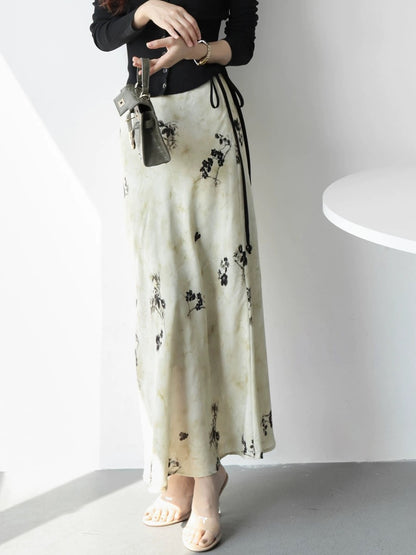 MZOMXO New Chinese-style high-waisted slim-fitting skirt Feminine Chinese style ink print A-line hip-hugging long skirt