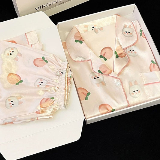 2024 new ice silk pajamas women's short-sleeved summer thin silk can be worn outside home clothes suit spring and summer