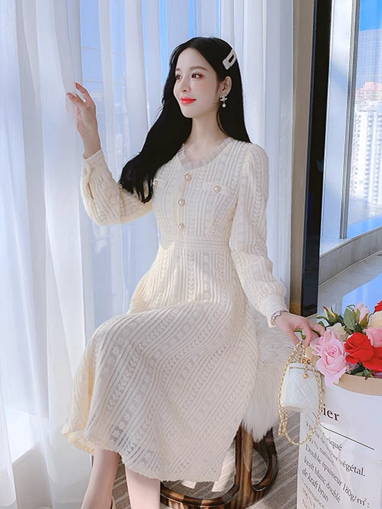 Lace dress with coat, women's autumn and winter waist-cinching inner skirt, winter style velvet thickened fairy long skirt (S3338)