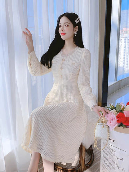 Lace dress with coat, women's autumn and winter waist-cinching inner skirt, winter style velvet thickened fairy long skirt (S3338)