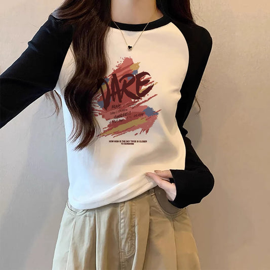 Contrast color pure cotton inner wear design sense splicing long-sleeved T-shirt female 2025 autumn and winter new European goods loose slim top M