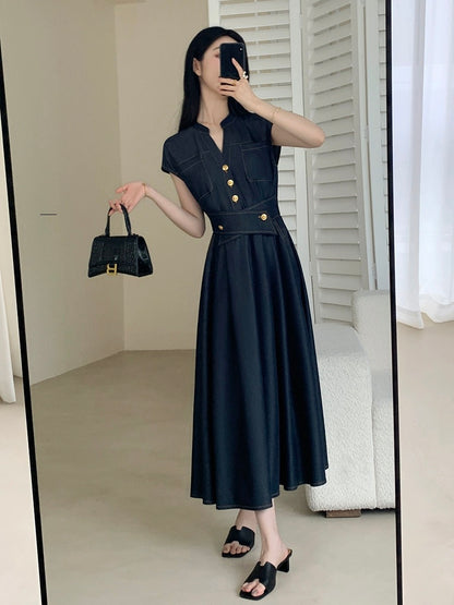 FT GUOGE imitation denim dress female 2024 summer new waist slimming temperament commuting long skirt
