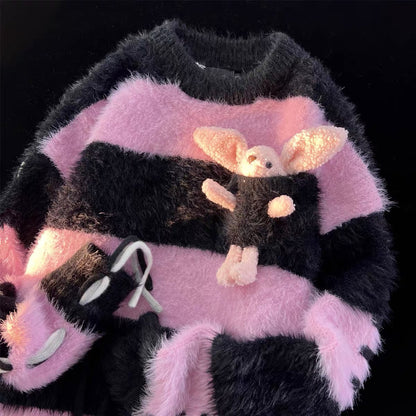 Milk-type soft and waxy striped rabbit seahorse hair sweater for women in autumn and winter, gentle and lazy style, chic year of the rabbit animal year coat was (N0451)