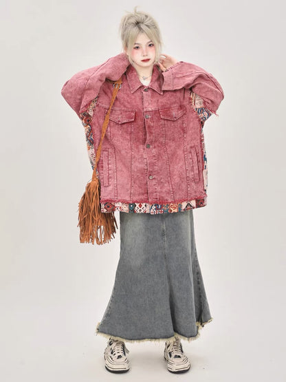 American retro dirty pink vintage denim jacket for women spring and autumn 2023 loose design niche jacket top A3355