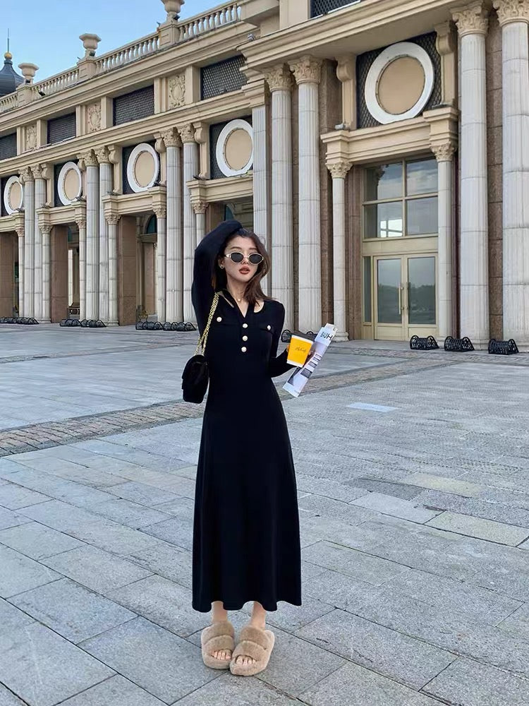 Mr. Zhang's new autumn and winter plus size women's clothing slim design sense little black dress knitted royal sister mid-length dress for women