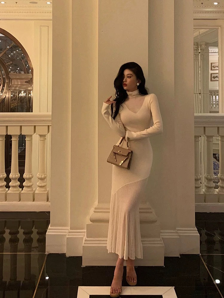Godfrey French knitted dress for women 2023 autumn and winter new style niche splicing temperament hip-hugging fishtail long skirt