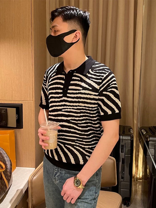 Summer knitted short-sleeved men's lapel t-shirt 2024 new men's fashion high-end personality leopard print slim polo shirt men