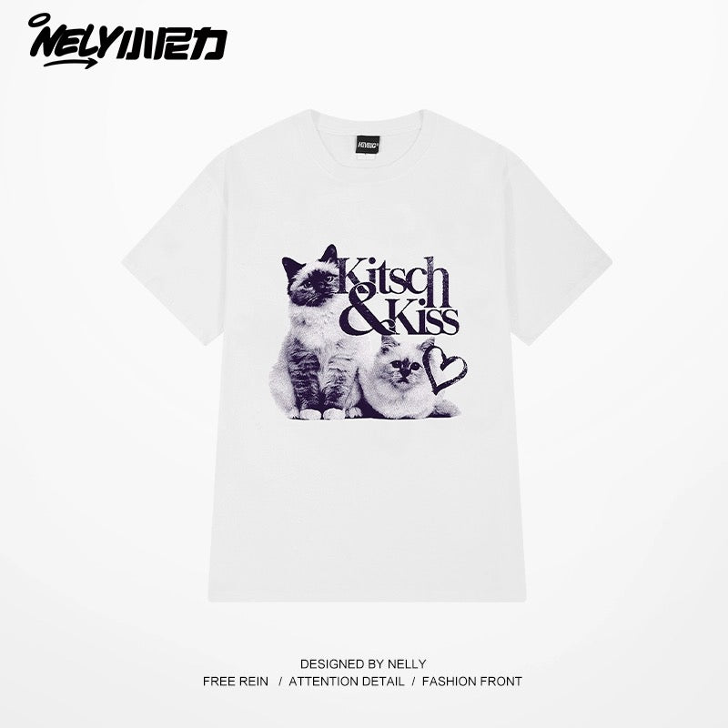 Nely cute cat print short-sleeved T-shirt for men and women loose summer American casual oversize top