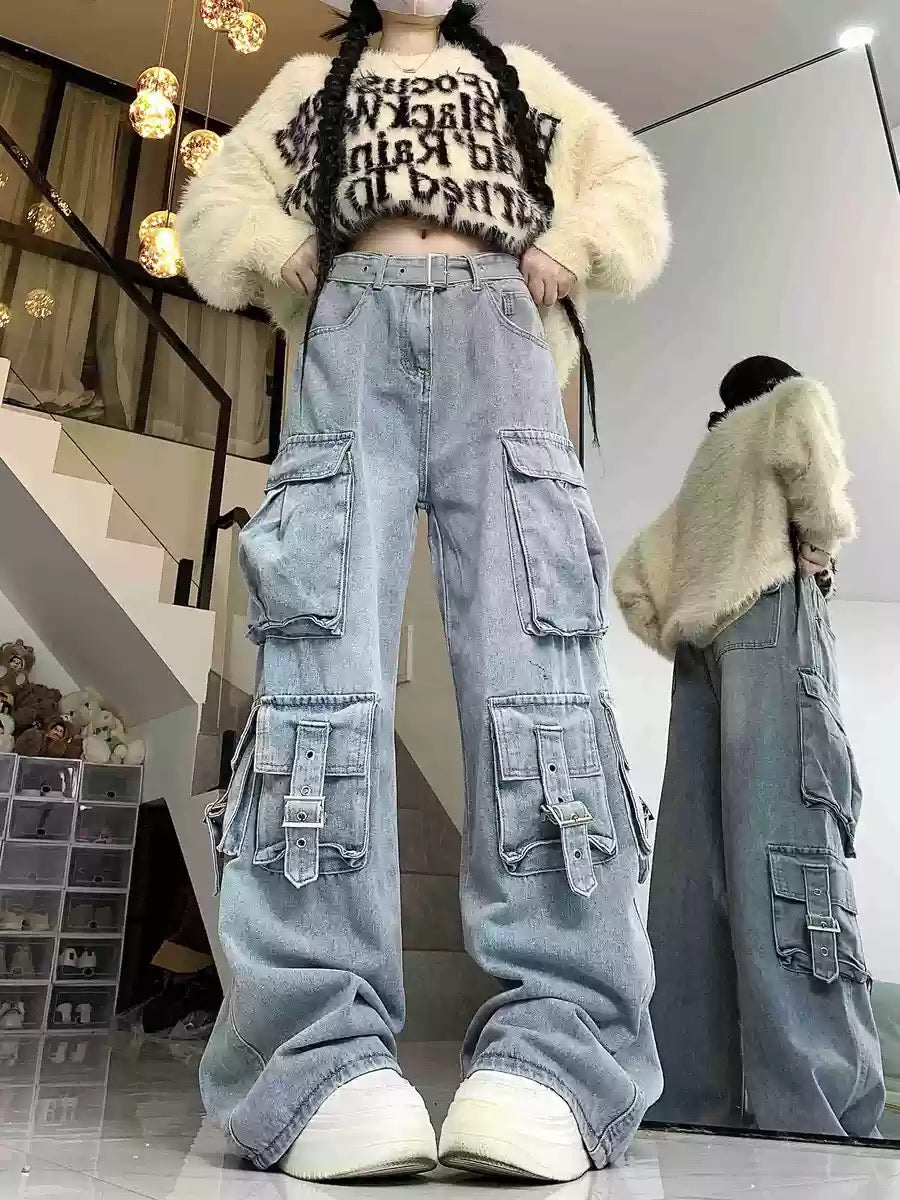 American street vibe work jeans for women 2023 new design multi-pocket high-waisted loose floor-length mopping pants trendy