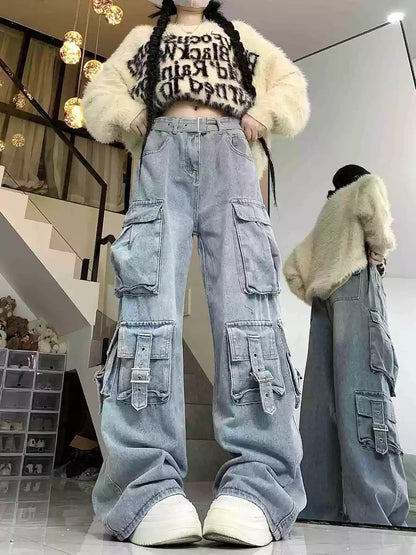American street vibe work jeans for women 2023 new design multi-pocket high-waisted loose floor-length mopping pants trendy